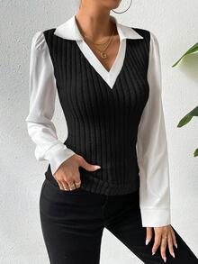 SHEIN Two Tone Puff Sleeve 2 In 1 Top Fall Cloth For Women - Black and White - View 7