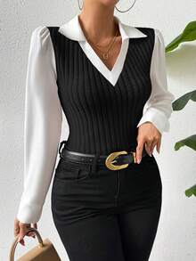 SHEIN Two Tone Puff Sleeve 2 In 1 Top Fall Cloth For Women - Black and White - View 5