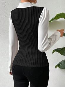 SHEIN Two Tone Puff Sleeve 2 In 1 Top Fall Cloth For Women - Black and White - View 2