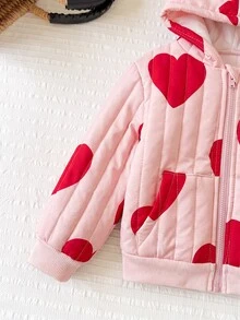 SHEIN Baby Girl Casual Solid Color Cute Heart Pattern Fuzzy Hooded Winter Jacket - Pink - View 4