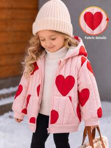 SHEIN Baby Girl Casual Solid Color Cute Heart Pattern Fuzzy Hooded Winter Jacket - Pink - View 6