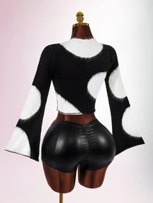 Amplova Women's Geometric Pattern Bell Sleeve Single-Breasted Casual Knit Cardigan - Black and White - View 12