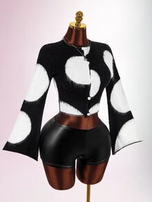 Amplova Women's Geometric Pattern Bell Sleeve Single-Breasted Casual Knit Cardigan - Black and White - View 7