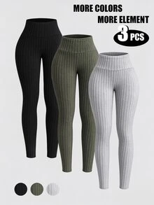 INAWLY 女款素色羅紋緊身褲 秋季布料 - 彩色 - 查看 3