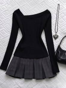 INAWLY Plus Size Black Ribbed Knit Cold Shoulder Long Sleeve Top With Asymmetric Button Closure For Women Fall - Black - View 2