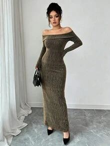 SHEIN Raffinéa Women's Rhinestone Embellished Fitted Off‑The‑Shoulder Dress Long Dress - Gold - View 5