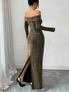 SHEIN Raffinéa Women's Rhinestone Embellished Fitted Off‑The‑Shoulder Dress Long Dress - Gold - View 2