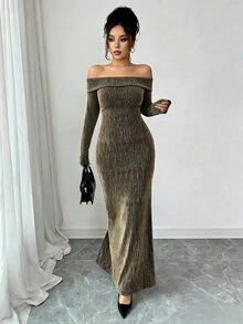 SHEIN Raffinéa Women's Rhinestone Embellished Fitted Off‑The‑Shoulder Dress Long Dress - Gold - View 6