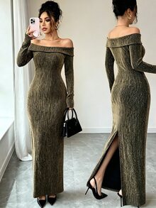 SHEIN Raffinéa Women's Rhinestone Embellished Fitted Off‑The‑Shoulder Dress Long Dress - Gold - View 1