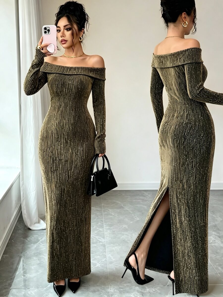 SHEIN Raffinéa Women's Rhinestone Embellished Fitted Off‑The‑Shoulder Dress Long Dress - Gold - View 1