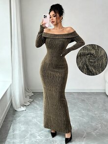 SHEIN Raffinéa Women's Rhinestone Embellished Fitted Off‑The‑Shoulder Dress Long Dress - Gold - View 7