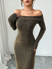 SHEIN Raffinéa Women's Rhinestone Embellished Fitted Off‑The‑Shoulder Dress Long Dress - Gold - View 8