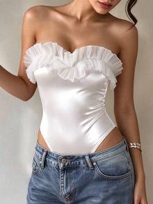 SHEIN Pleated Ruffle Elegant Bodysuit Women,Waist-Flattering Slimming Sexy Elegant Party, For Holiday,Beach Vacation, Pool Party, Honeymoon Trip,Daily Wear - White - View 4