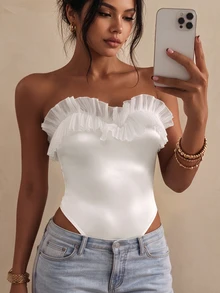 SHEIN Pleated Ruffle Elegant Bodysuit Women,Waist-Flattering Slimming Sexy Elegant Party, For Holiday,Beach Vacation, Pool Party, Honeymoon Trip,Daily Wear - White - View 2