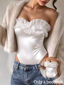 SHEIN Pleated Ruffle Elegant Bodysuit Women,Waist-Flattering Slimming Sexy Elegant Party, For Holiday,Beach Vacation, Pool Party, Honeymoon Trip,Daily Wear - White - View 5