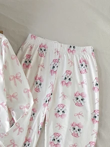 SHEIN 少女卡通印花圓領套頭上衣與內搭褲針織面料柔軟舒適休閒睡衣套裝 - 彩色 - 查看 3