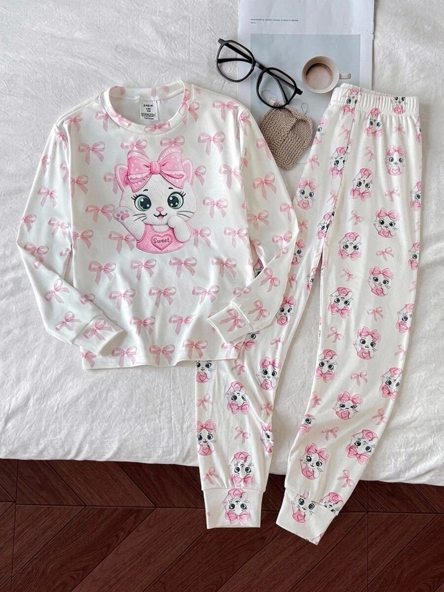 SHEIN 少女卡通印花圓領套頭上衣與內搭褲針織面料柔軟舒適休閒睡衣套裝 - 彩色 - 查看 1