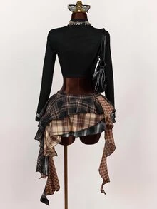 Amplova Asymmetrical Plaid Colorblock Asymmetrical Hem Pleated Mini Skirt - Multicolor - View 2