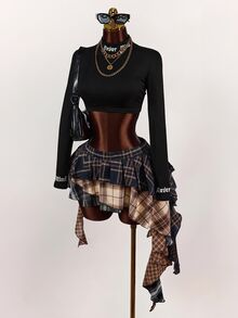 Amplova Asymmetrical Plaid Colorblock Asymmetrical Hem Pleated Mini Skirt - Multicolor - View 3