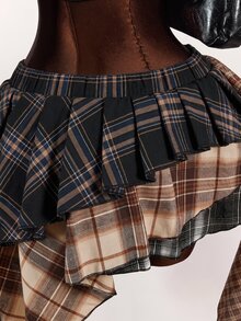 Amplova Asymmetrical Plaid Colorblock Asymmetrical Hem Pleated Mini Skirt - Multicolor - View 5