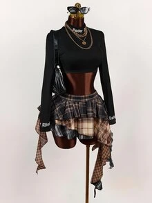 Amplova Asymmetrical Plaid Colorblock Asymmetrical Hem Pleated Mini Skirt - Multicolor - View 6