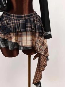 Amplova Asymmetrical Plaid Colorblock Asymmetrical Hem Pleated Mini Skirt - Multicolor - View 7