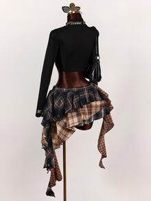 Amplova Asymmetrical Plaid Colorblock Asymmetrical Hem Pleated Mini Skirt - Multicolor - View 4