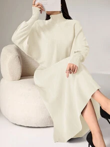 Modelyn 2pcs/Set Women Casual Minimalist Elegant Turtleneck Batwing Sleeve Sweater & Dress, Autumn/Winter 2 Pieces Set - Apricot - View 7