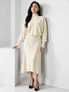 Modelyn 2pcs/Set Women Casual Minimalist Elegant Turtleneck Batwing Sleeve Sweater & Dress, Autumn/Winter 2 Pieces Set - Apricot - View 1