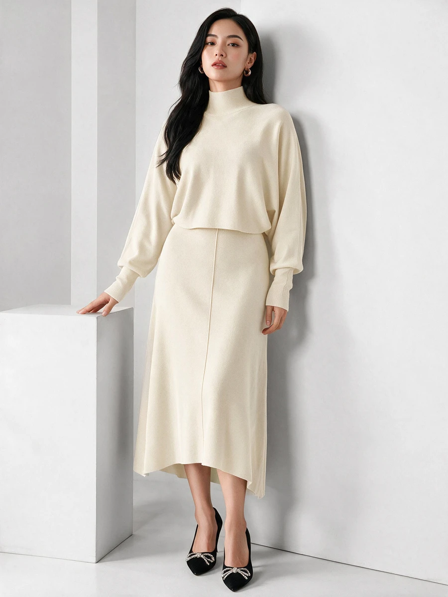 Modelyn 2pcs/Set Women Casual Minimalist Elegant Turtleneck Batwing Sleeve Sweater & Dress, Autumn/Winter 2 Pieces Set - Apricot - View 1