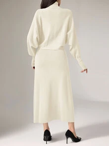 Modelyn 2pcs/Set Women Casual Minimalist Elegant Turtleneck Batwing Sleeve Sweater & Dress, Autumn/Winter 2 Pieces Set - Apricot - View 3