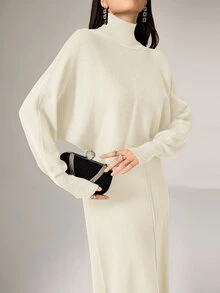 Modelyn 2pcs/Set Women Casual Minimalist Elegant Turtleneck Batwing Sleeve Sweater & Dress, Autumn/Winter 2 Pieces Set - Apricot - View 2