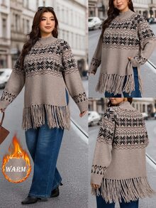 SHEIN LUNE Plus Size Women's Sweater Pullover, Autumn/Winter, Half Turtleneck, Long Sleeve, Tassel Hem, Fair Isle Pattern, Comfortable Casual - Khaki - View 7