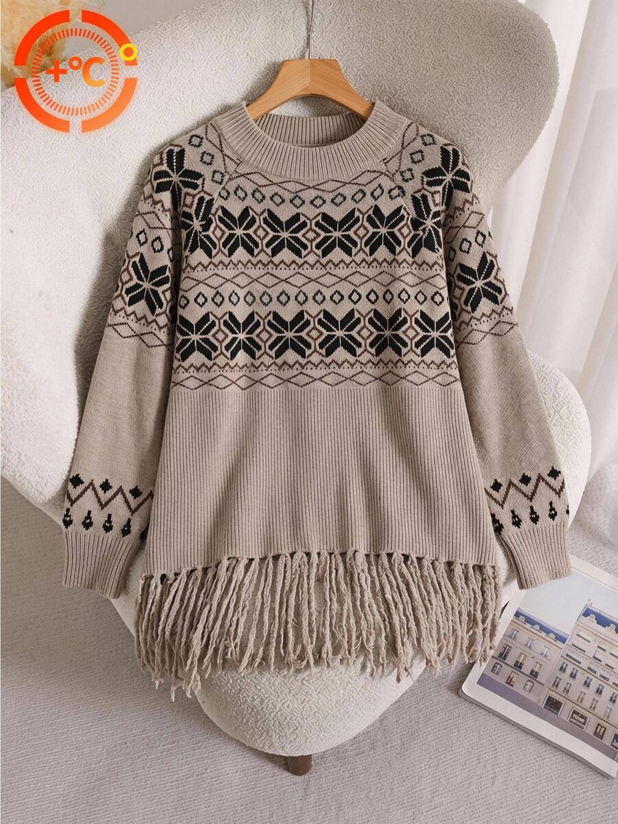 SHEIN LUNE Plus Size Women's Sweater Pullover, Autumn/Winter, Half Turtleneck, Long Sleeve, Tassel Hem, Fair Isle Pattern, Comfortable Casual - Khaki - View 1