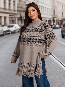 SHEIN LUNE Plus Size Women's Sweater Pullover, Autumn/Winter, Half Turtleneck, Long Sleeve, Tassel Hem, Fair Isle Pattern, Comfortable Casual - Khaki - View 3
