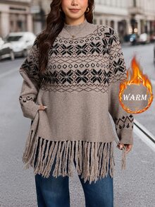 SHEIN LUNE Plus Size Women's Sweater Pullover, Autumn/Winter, Half Turtleneck, Long Sleeve, Tassel Hem, Fair Isle Pattern, Comfortable Casual - Khaki - View 6