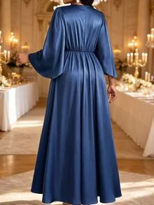 Fleurora Plus Size Women Solid Color Overlap V-Neck Bell Sleeve Elegant Dress Fall - Khaki - View 6