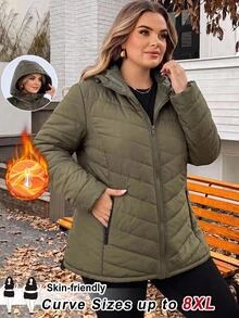SHEIN CURVE+ Plus Size Women's Winter Casual Zip-Up Hooded Thick Down Jacket, Army Green Solid Color, Suitable For Hiking, Simple Fashion Daily Wear, Suitable For Autumn/Winter - Army Green - View 1