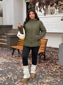 SHEIN CURVE+ Plus Size Women's Winter Casual Zip-Up Hooded Thick Down Jacket, Army Green Solid Color, Suitable For Hiking, Simple Fashion Daily Wear, Suitable For Autumn/Winter - Army Green - View 4
