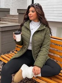 SHEIN CURVE+ Plus Size Women's Winter Casual Zip-Up Hooded Thick Down Jacket, Army Green Solid Color, Suitable For Hiking, Simple Fashion Daily Wear, Suitable For Autumn/Winter - Army Green - View 5