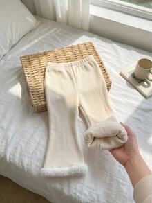 SHEIN Baby Girl Cute Casual Versatile Thermal Lined Elastic Waist Flared Leg Winter Pants - Beige - View 7