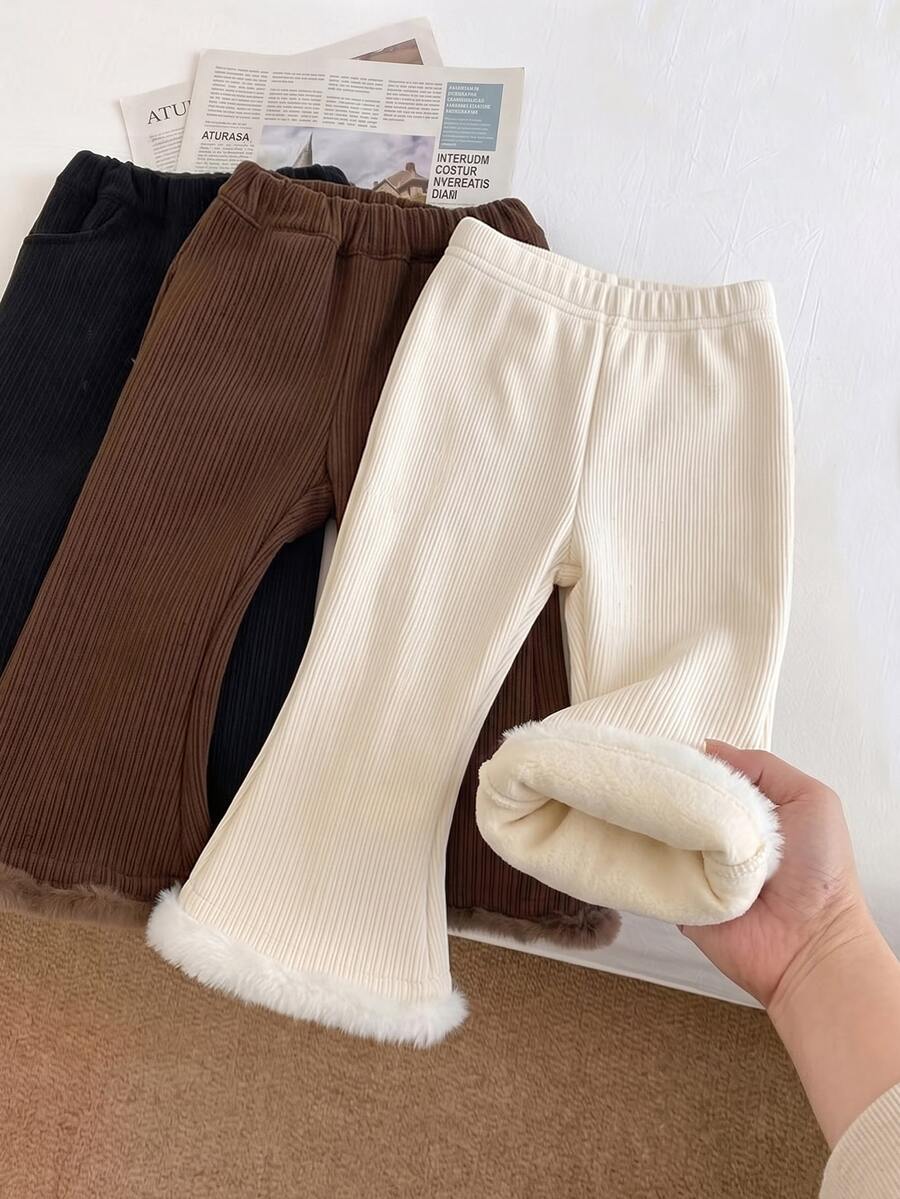 SHEIN Baby Girl Cute Casual Versatile Thermal Lined Elastic Waist Flared Leg Winter Pants - Beige - View 1