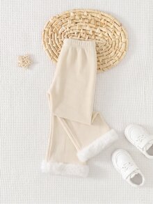 SHEIN Baby Girl Cute Casual Versatile Thermal Lined Elastic Waist Flared Leg Winter Pants - Beige - View 5