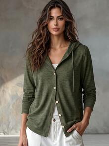 Glimmora New Women's Fashion Casual Knit Hooded Jacket - Army Green - View 1