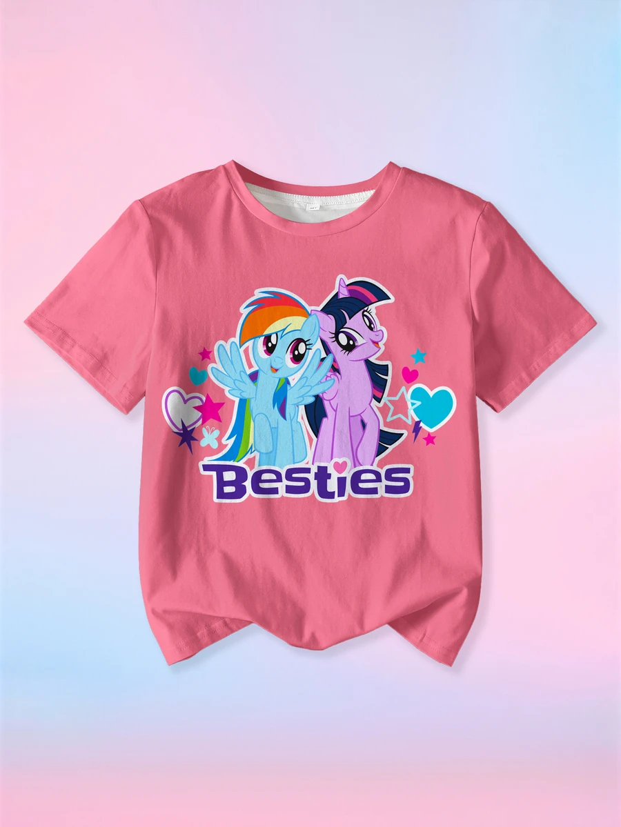 My Little Pony X SHEIN Tween Girl Cartoon Print Crew Neck Short Sleeve T-Shirt Fashion - White - View 1