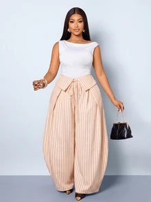 SOLERSUN Plus-Size Streetwear Casual Elegant-Style Retro Striped Wide-Leg Trousers With Deconstructed Fold-Over Waistband Fall Brunch Office Beige - Apricot - View 5