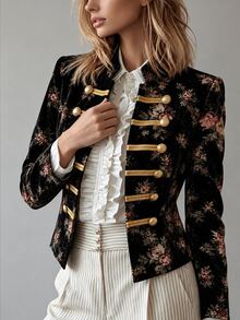 SHEIN Women's Spring/Autumn Vintage Floral Velvet Blazer, Gold Button Court Style Short Jacket, Elegant For Daily Commute, Dating And Party - Multicolor - View 5