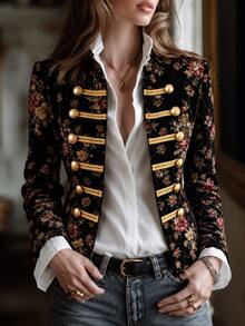 SHEIN Women's Spring/Autumn Vintage Floral Velvet Blazer, Gold Button Court Style Short Jacket, Elegant For Daily Commute, Dating And Party - Multicolor - View 1