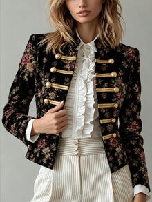 SHEIN Women's Spring/Autumn Vintage Floral Velvet Blazer, Gold Button Court Style Short Jacket, Elegant For Daily Commute, Dating And Party - Multicolor - View 6