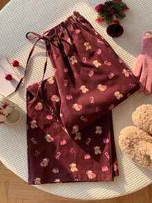 Comfortcana Women's Bear & Candy Cane Print Pocket Long Pants - Burgundy - View 3